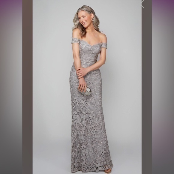 Candalite Petite Gray Silver Off Shoulder Mermaid Tulle Maxi Dress Gown